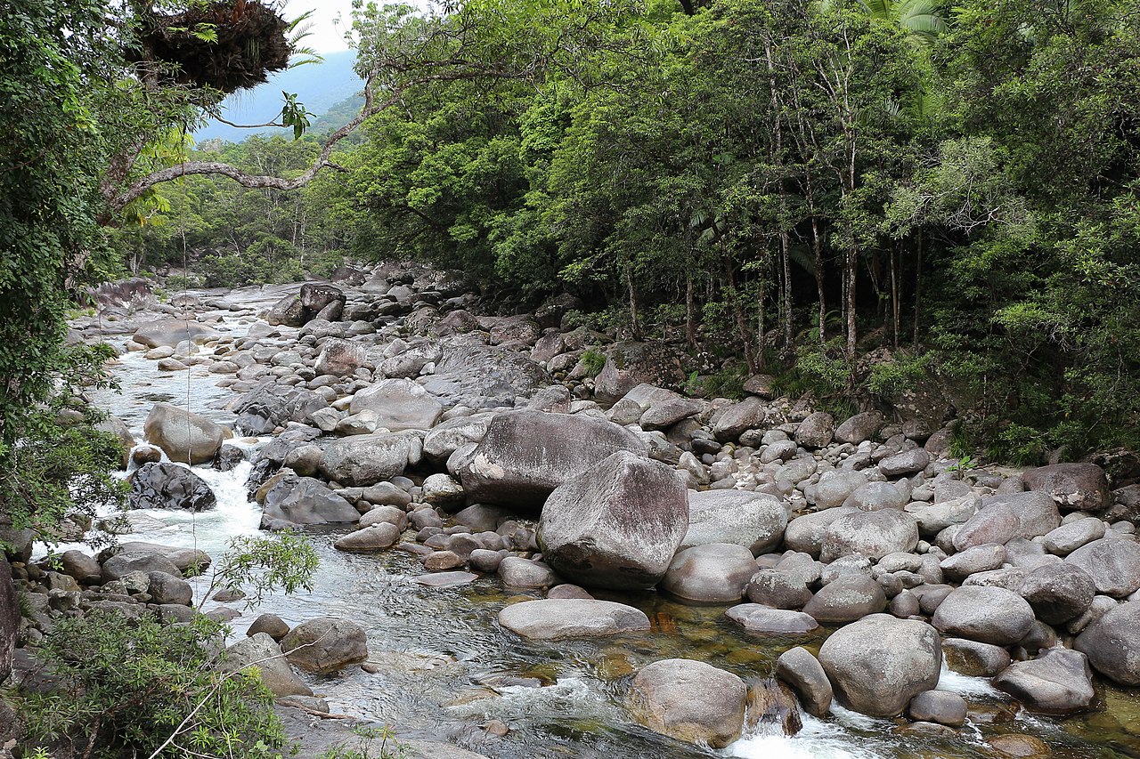 Crystal-clear waters flowing through Mossman Gorge in tropical North Queensland